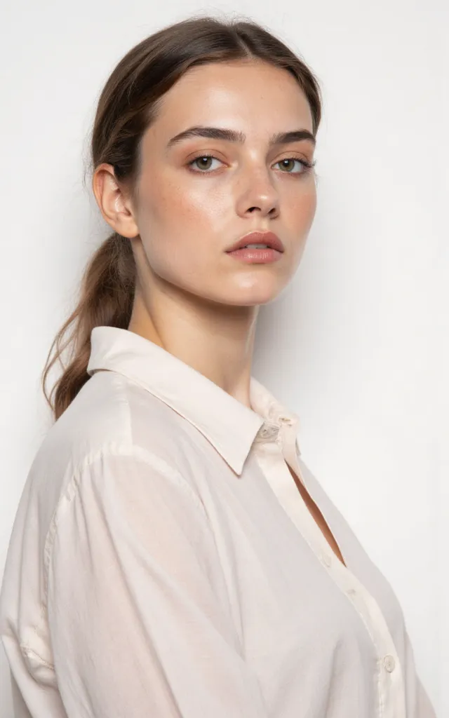 A French female model with a Bohemian makeup style, wearing a shirt, against a white background, in a front   facing bust portrait